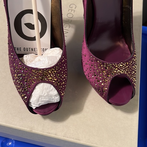 Georgina Goodman high heeled open toe satin plum sandal with gold rhinestones - Picture 4 of 8